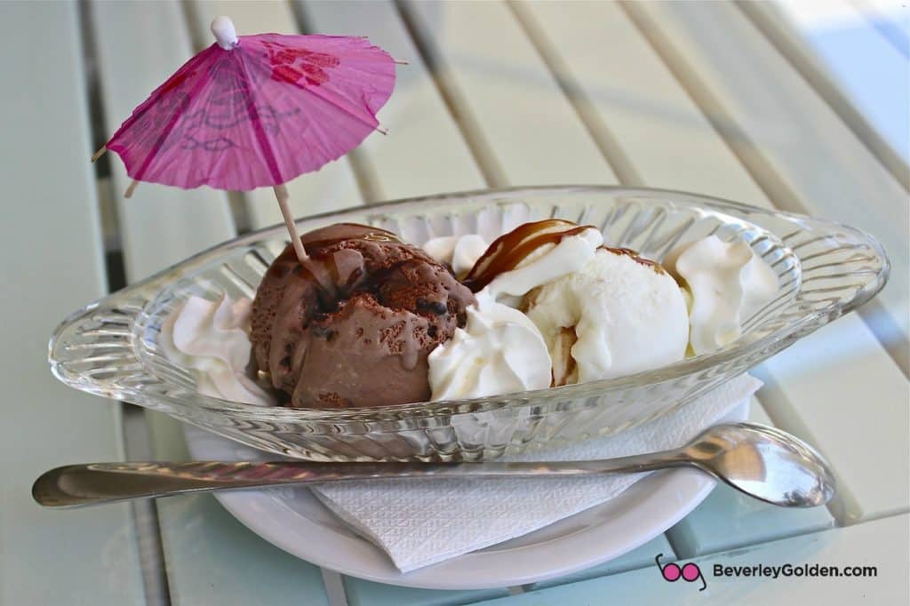 Vanilla and Chocolate Ice Cream Scoops in a dish