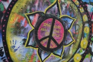 Peace sign painted on Lennon Wall