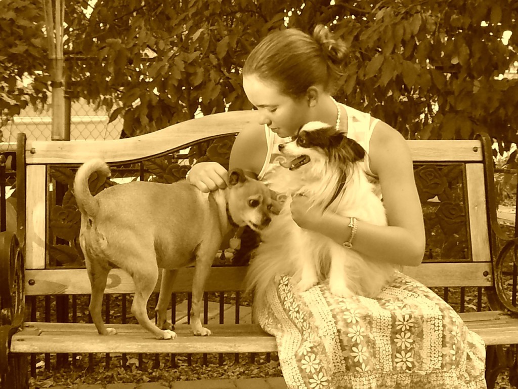 Girl petting two dogs_pets